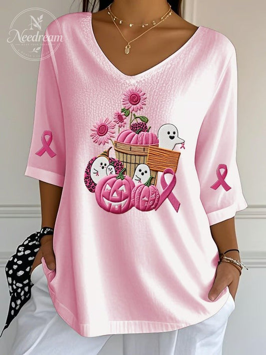Women's Pink Pumpkin Ghost Print Ribbed Top