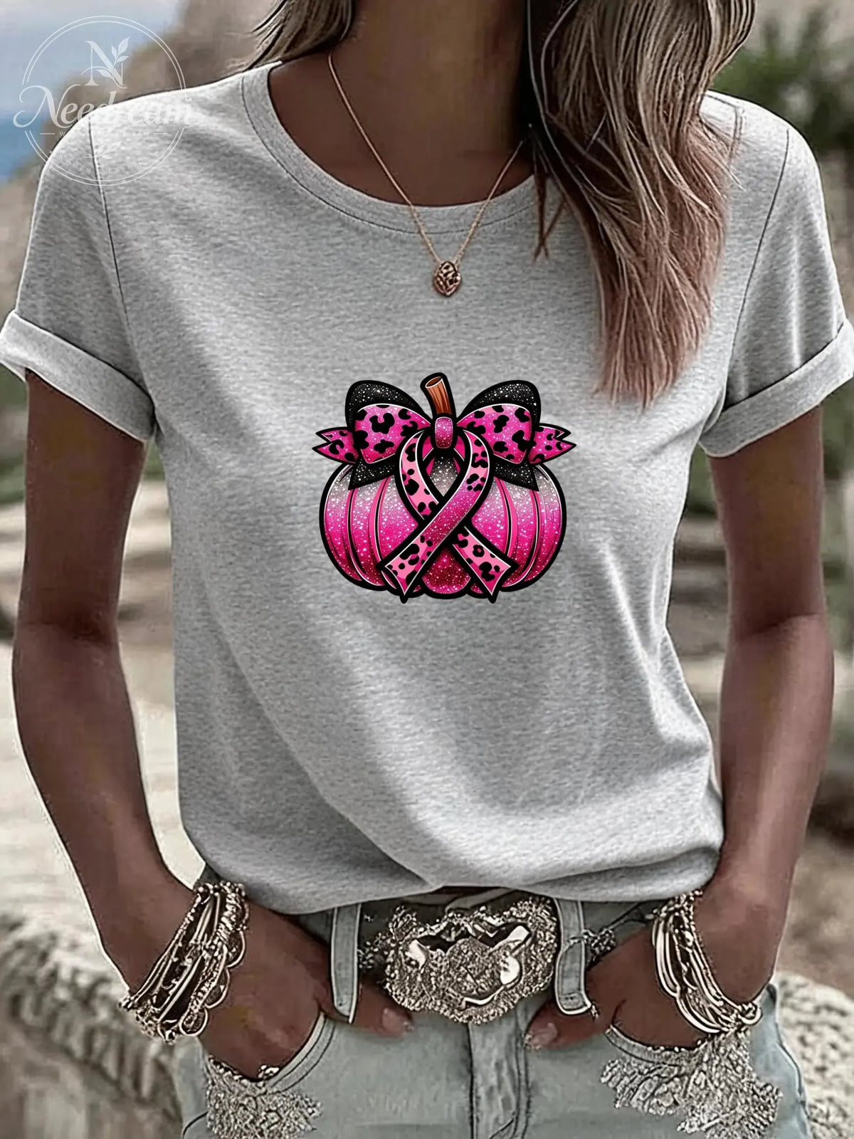 Women'S Breast Cancer Ribbon Pumpkin Casual Round Neck T-Shirt