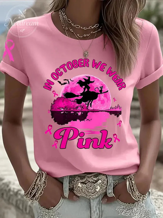 Women's In October We Wear Pink Breast Cancer Witch Print Casual T-shirt