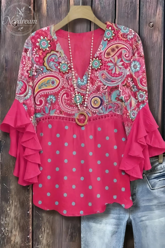 Women's Vintage Paisley Print V-Neck Hollow Out Top