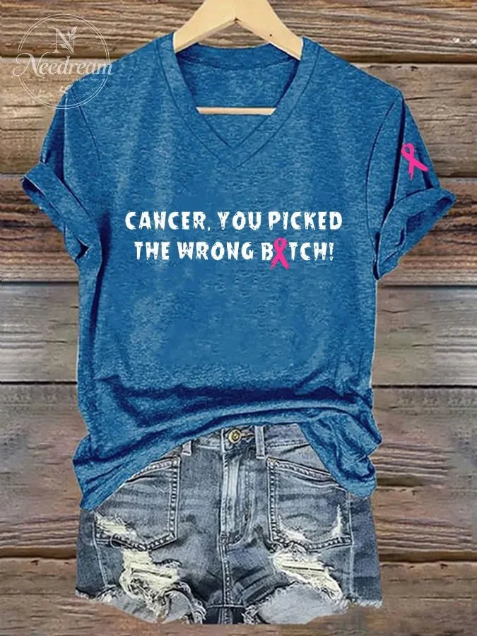 Women's Cancer, You Picked The Wrong Bitch Breast Cancer Awareness Printed V-Neck T-Shirt