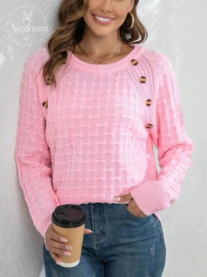 Women's Casual Button Detailed Round Neck Knit Sweater