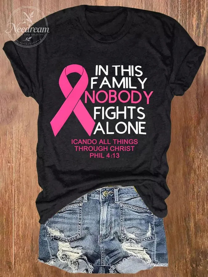 Women's Retro In This Family Nobody Fights Alone Breast Cancer Awareness Print T-Shirt