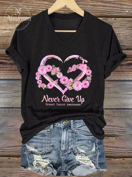 Women's Never Give Up Breast Cancer Awareness Printed Casual T-shirt