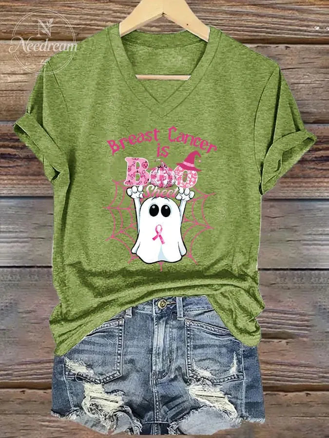 Women's Breast Cancer Is Boo Sheet Print V Neck T-shirt