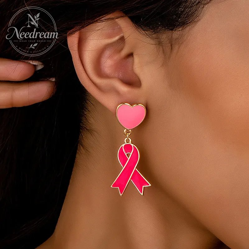 Pink Dripping Oil Heart Red Ribbon Earrings