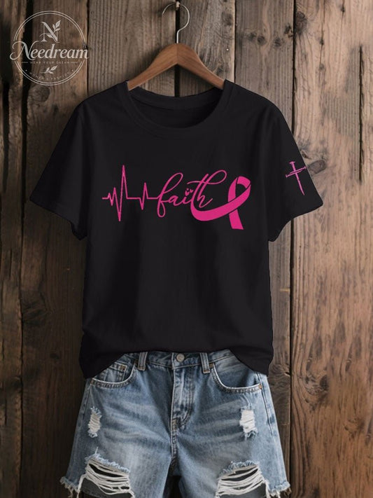 Women's Breast Cancer Awareness Faith Print Casual T-Shirt
