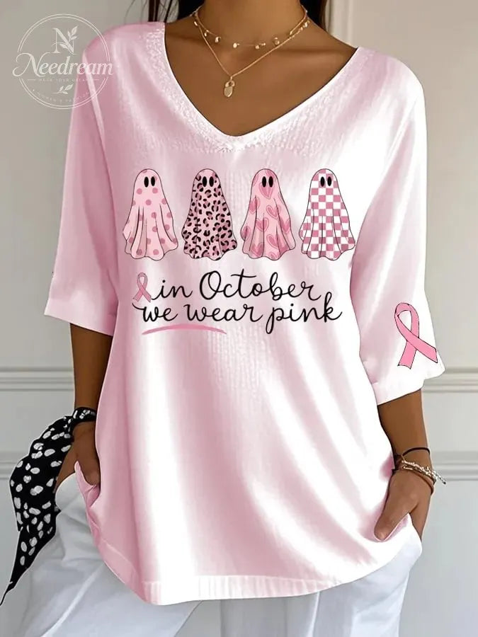Women's In October We Wear Pink Breast Cancer Awareness Print Casual V Neck T-Shirt