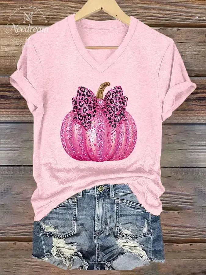 Women's Pink Pumpkin Print Breast Cancer Awareness T-Shirt
