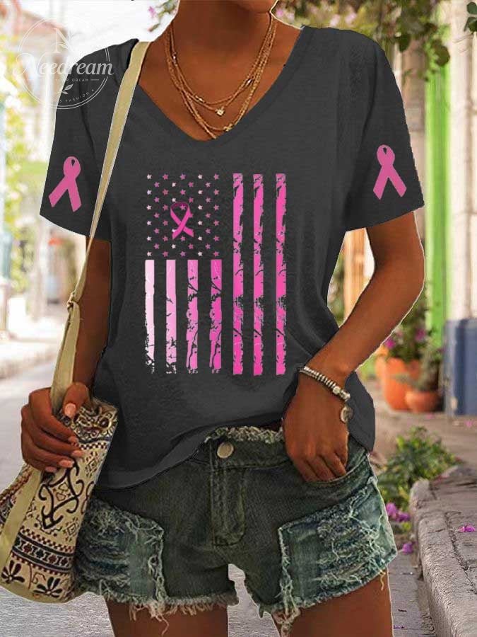 Women's Breast Cancer Flag Print Casual T-Shirt