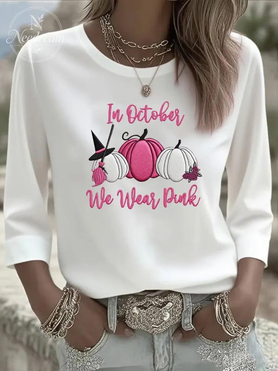 Women's In October We Wear Pink Three-Quarter Sleeve Round Neck T-Shirt