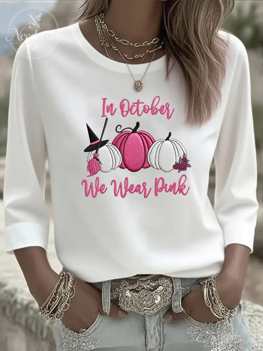 Women's In October We Wear Pink Three-Quarter Sleeve Round Neck T-Shirt