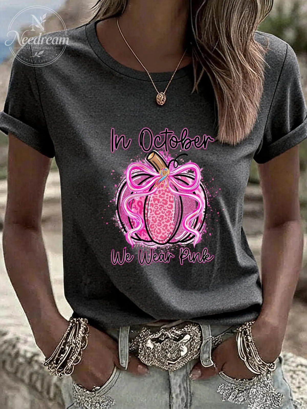 Women'S In October We Wear Pink Casual Round Neck T-Shirt