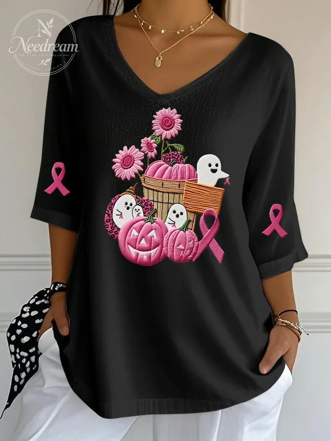 Women's Pink Pumpkin Ghost Print Ribbed Top