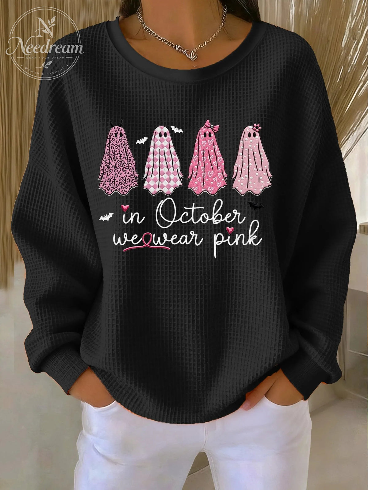 Women's Casual Pink Ghost Breast Cancer Waffle Multicolor Autumn and Winter Sweatshirt