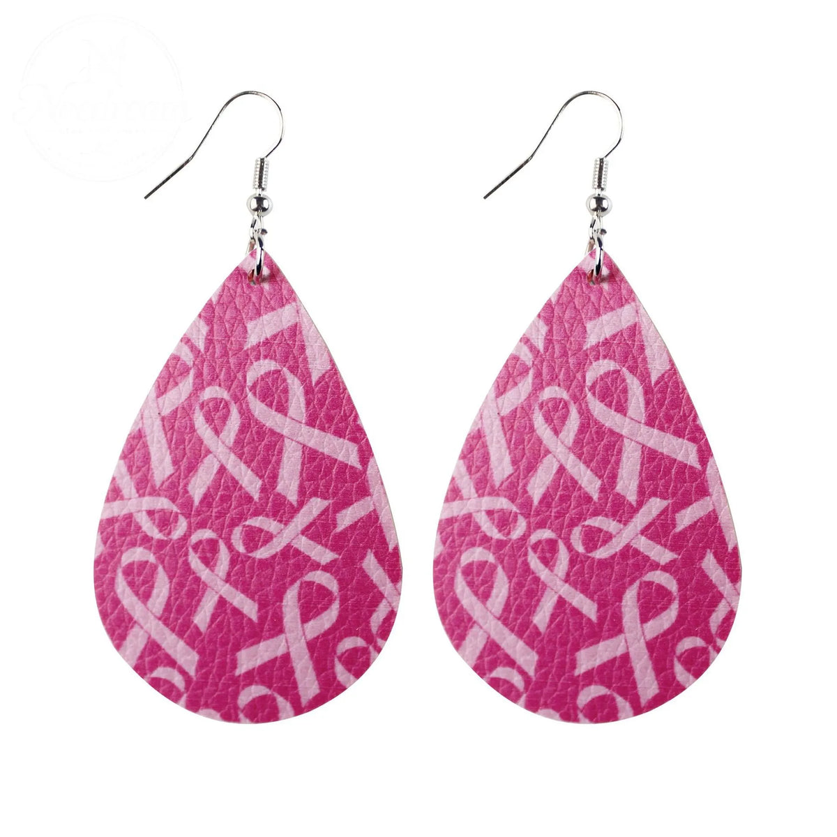 Pink Ribbon Artificial Leather Water Droplet Earrings
