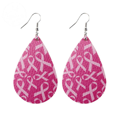 Pink Ribbon Artificial Leather Water Droplet Earrings