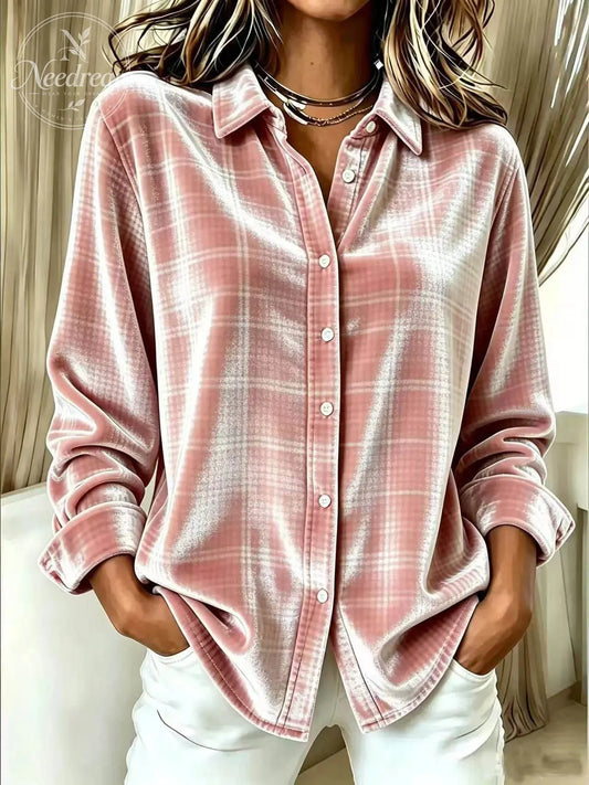Women'S Gold Velvet Long-Sleeve Shirt With Lapel And Single-Breasted Button Closure