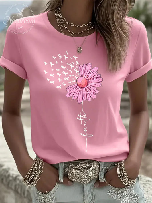 Women's Breast Cancer Faith Print Casual T-shirt