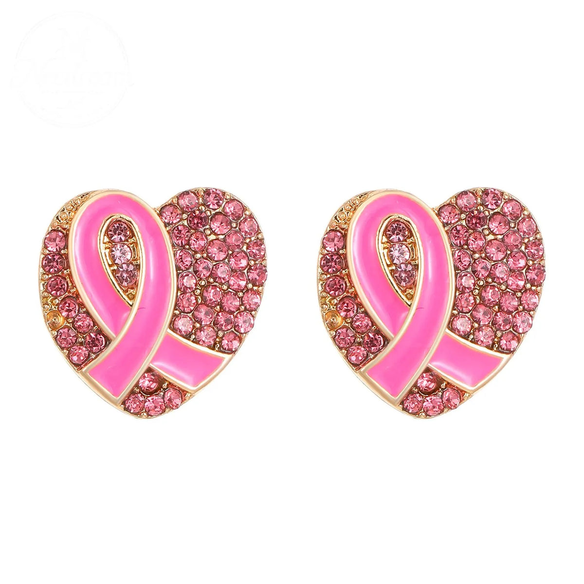 Pink Ribbon With Diamond Studded Heart-Shaped Bow Tie Earrings