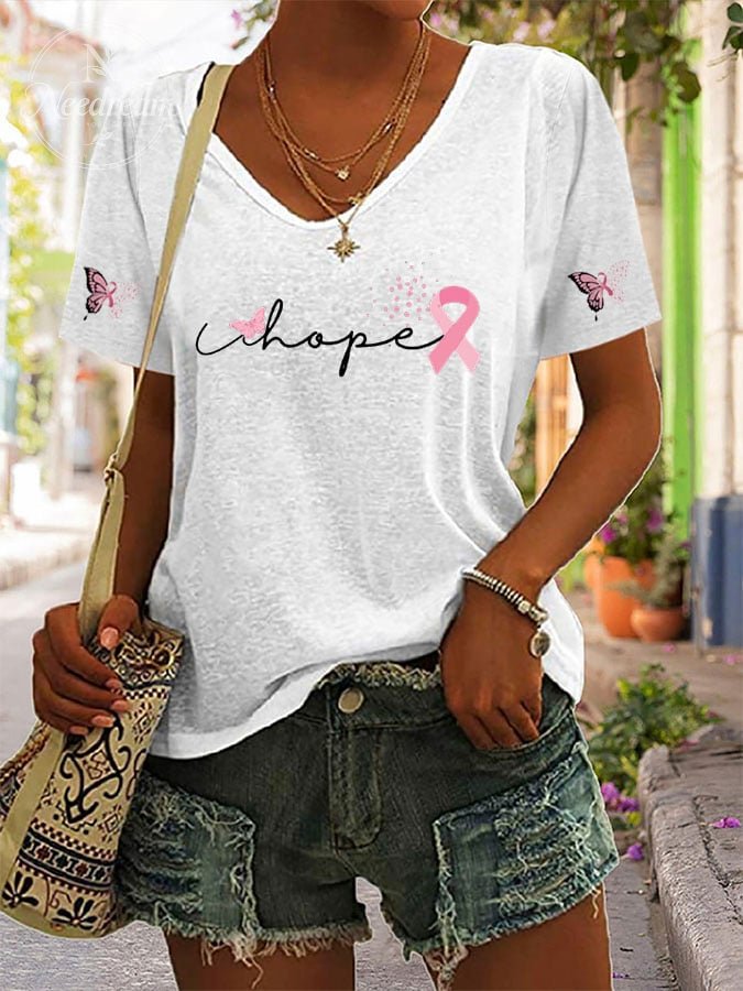 Women's Casual Fashion Breast Cancer Print T-Shirt
