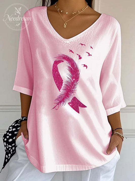 Women's Feather Bird Pink Ribbon  Pattern  Print Wrinkle Top