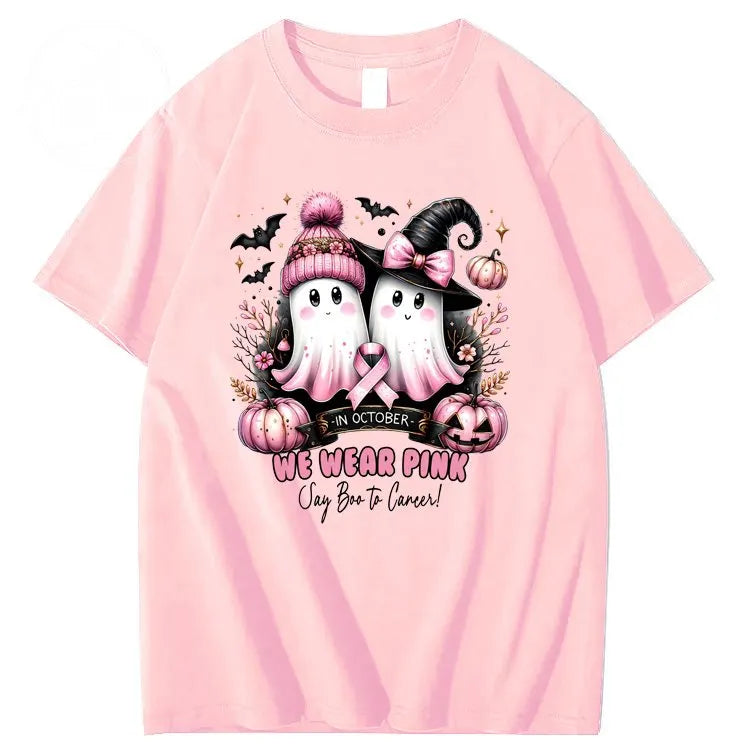 In October We Wear Pink Say Boo To Cancer Pattern100% Cotton T-Shirt