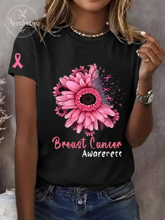 Women's Breast Cancer Printed Crew Neck Short Sleeve T-Shirt