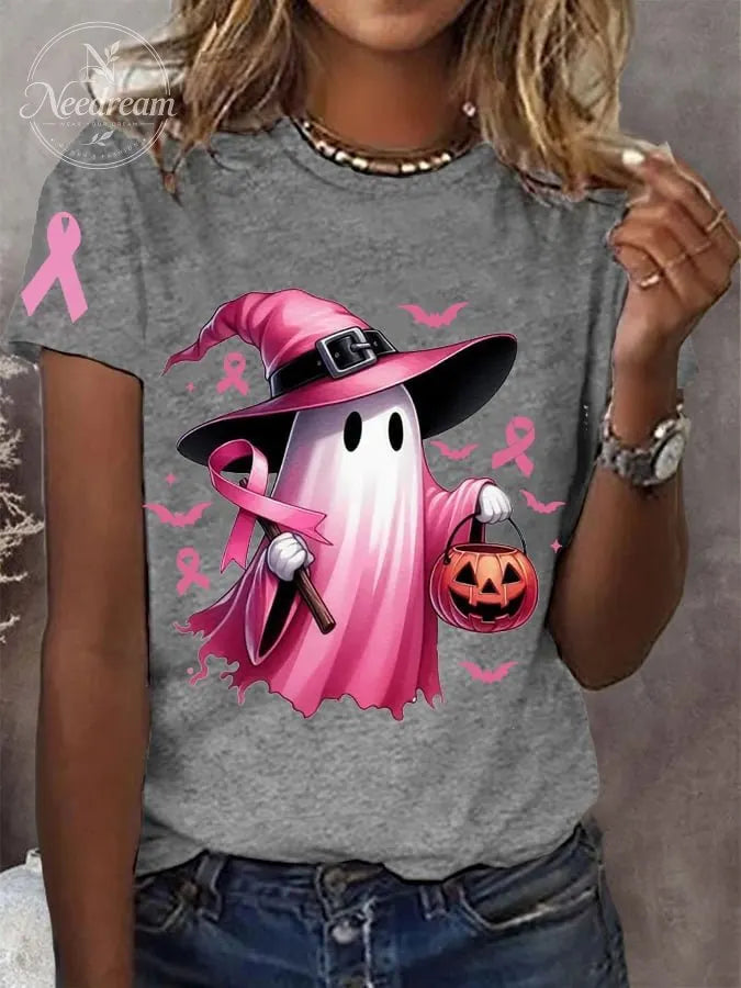 Women's In October We Wear Pink Halloween Ghost Breast Cancer Awareness Tee
