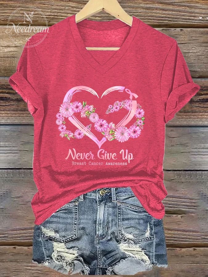 Women's Never Give Up Breast Cancer Awareness Printed Casual T-shirt