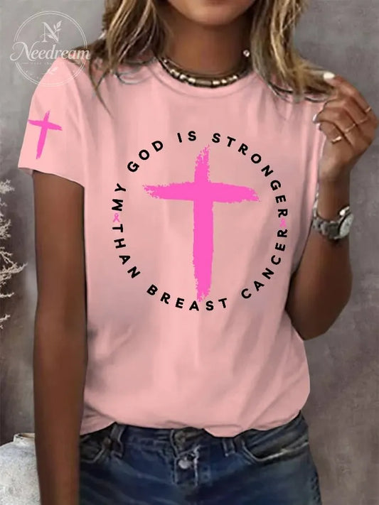 Women's Retro My God Is Stronger Than Breast Cancer Awareness Christian Print T-Shirt