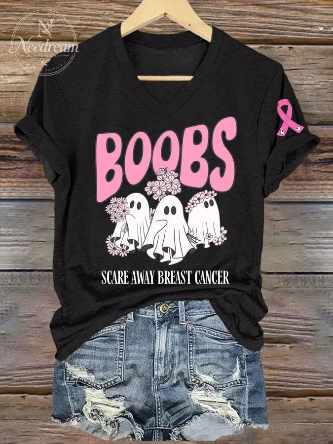 Women's Breast Cancer Awareness Print V-Neck T-Shirt