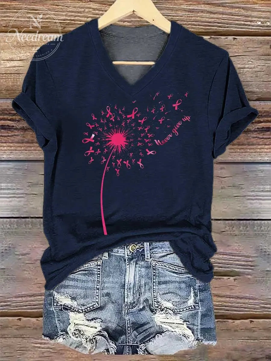 Women's Never Give Up Breast Cancer Awareness V-neck Casual T-Shirt