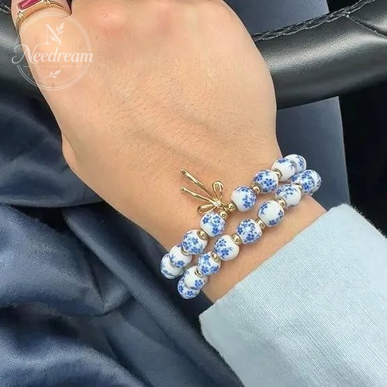 Diamond Studded Bow, Blue Blue Blue And White Porcelain Floral Bead Bracelet