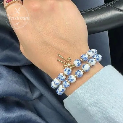 Diamond Studded Bow, Blue Blue Blue And White Porcelain Floral Bead Bracelet