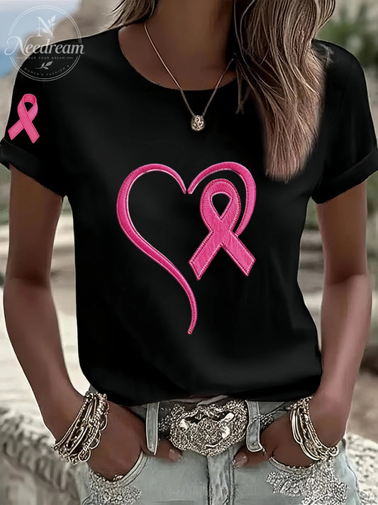 Women'S Breast Cancer Awareness Heart Ribbon Round Neck 100% Cotton T-Shirt