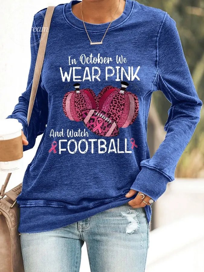 Retro Breast Cancer Awareness In October We Wear Pink And Watch Football Leopard Print Sweatshirt