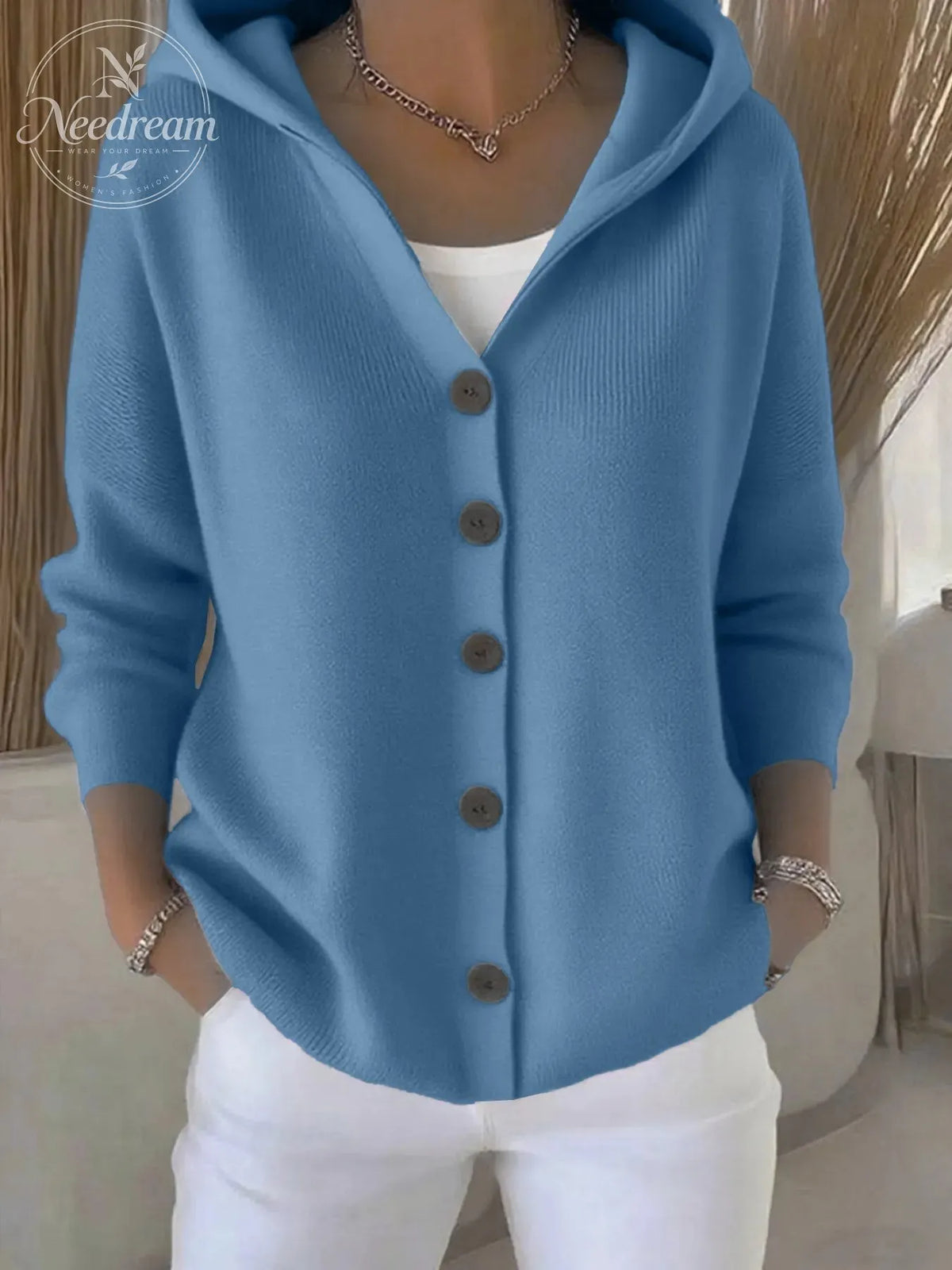 Solid Button Detailed Hoodie Sweater
