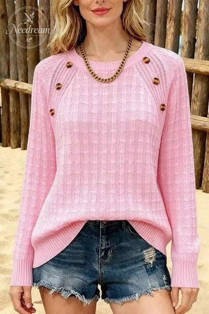 Women's Casual Button Detailed Round Neck Knit Sweater