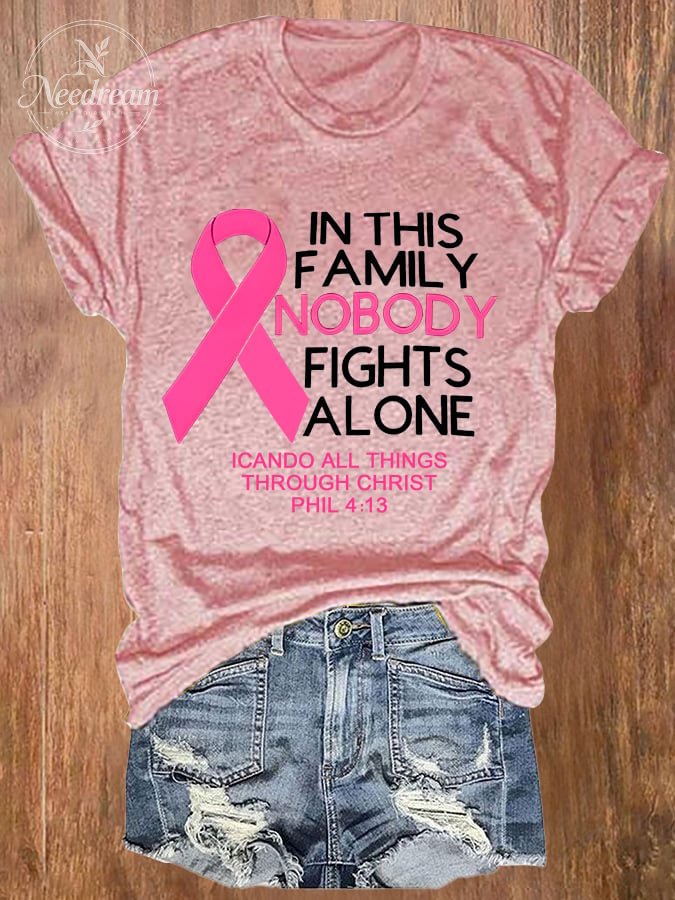 Women's Retro In This Family Nobody Fights Alone Breast Cancer Awareness Print T-Shirt