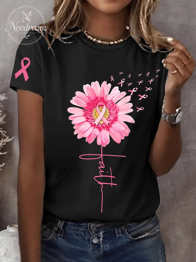 Women's Pink Daisy Faith Pink Ribbon Faith Hope Love Breast Cancer Awareness Print Round Neck Short Sleeve T-Shirt