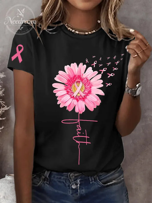 Women's Pink Daisy Faith Pink Ribbon Faith Hope Love Breast Cancer Awareness Print Round Neck Short Sleeve T-Shirt