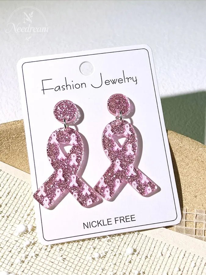 Women's Breast Cancer Awareness Pink Ribbon Sequin Fashion Casual Earrings