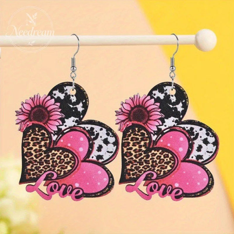 Retro Leopard Print Multi Heart Sunflower Ribbon Earrings