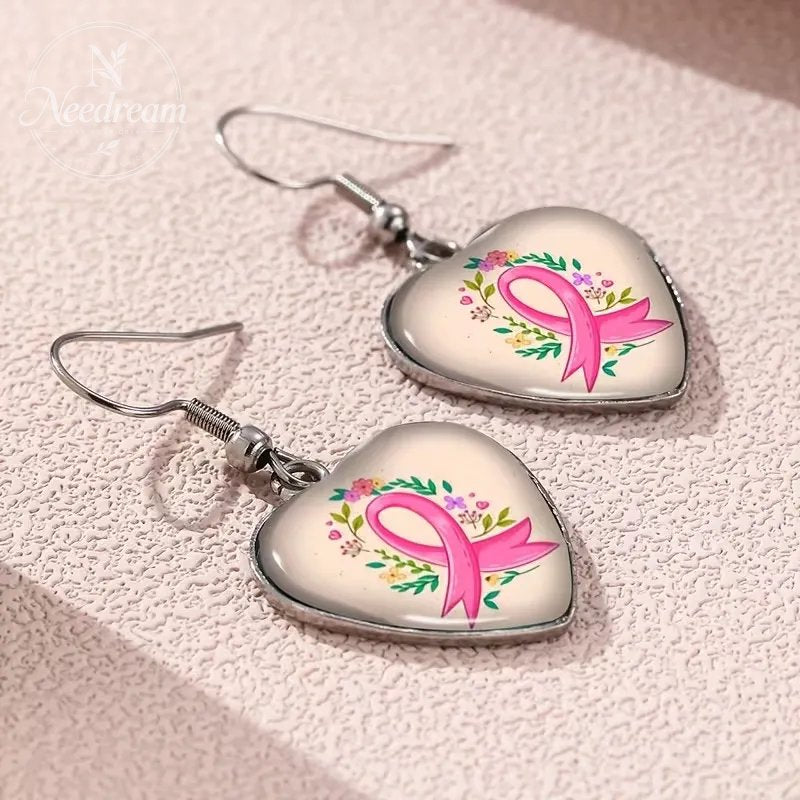 Pink Ribbon Heart-Shaped Earrings For Breast Cancer Awareness & Feminine Love