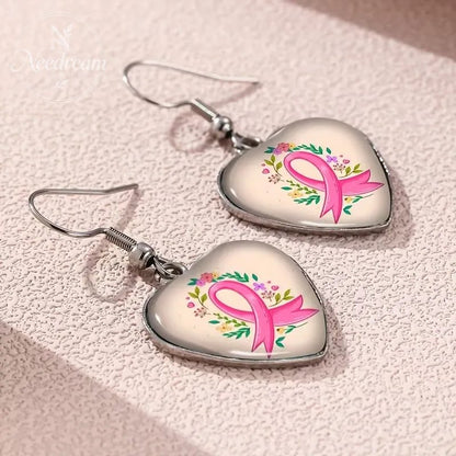 Pink Ribbon Heart-Shaped Earrings For Breast Cancer Awareness & Feminine Love