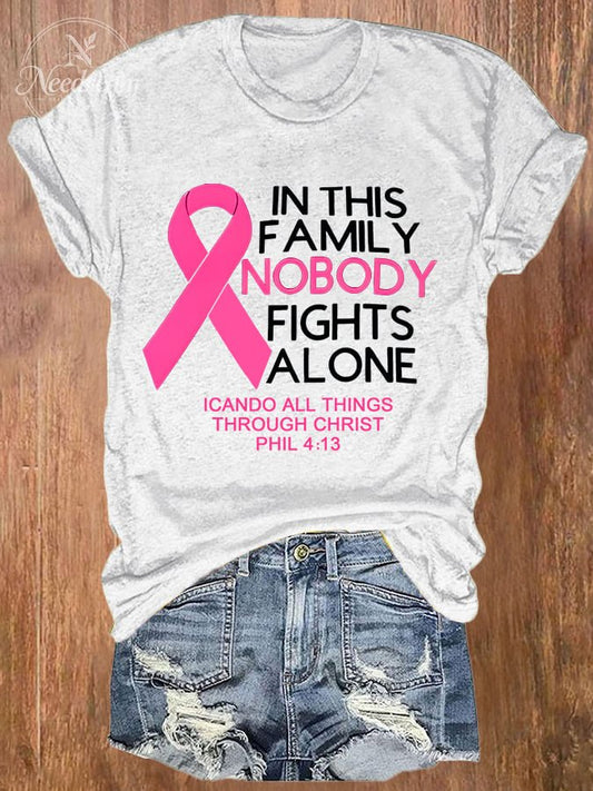Women's Retro In This Family Nobody Fights Alone Breast Cancer Awareness Print T-Shirt