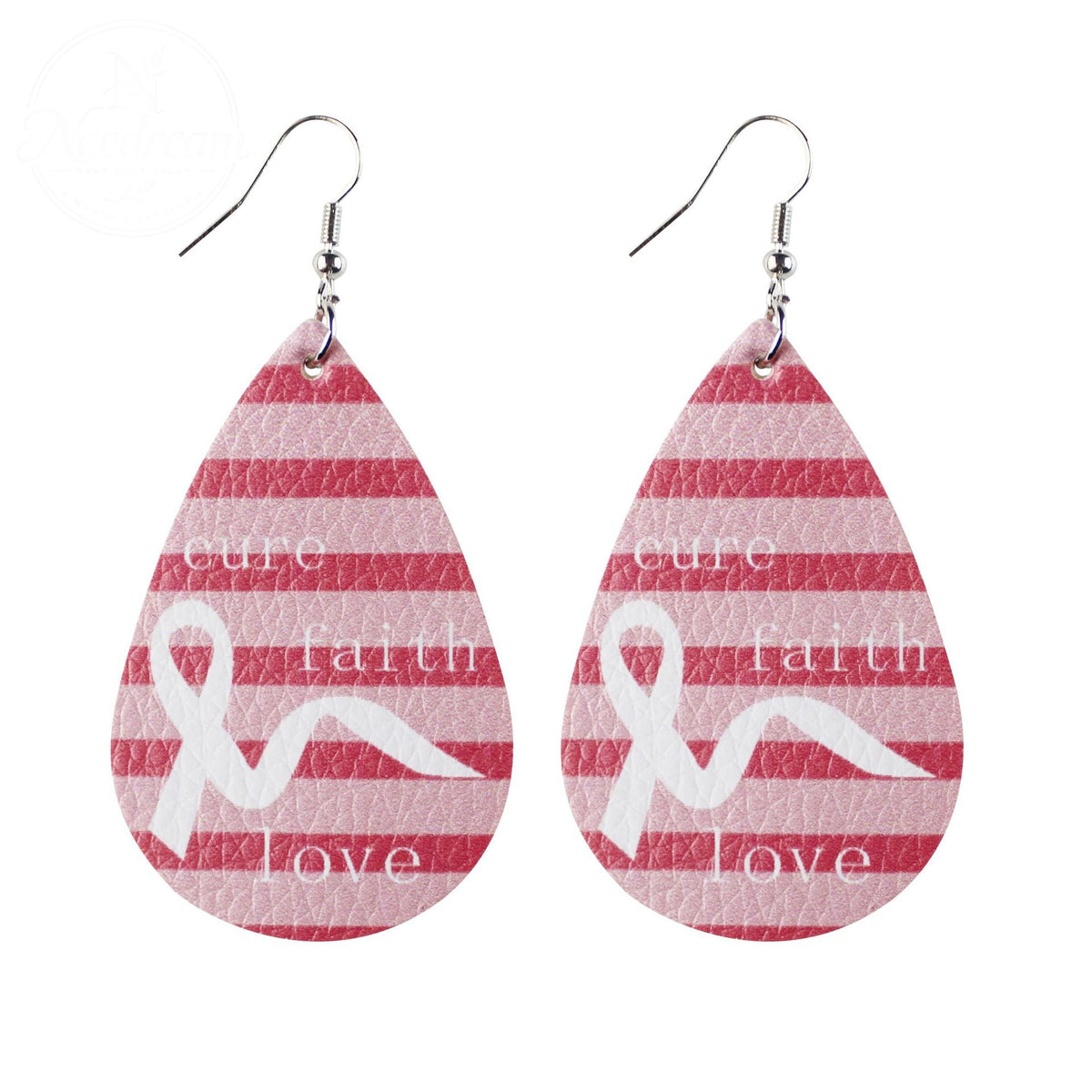 Pink Ribbon Artificial Leather Water Droplet Earrings