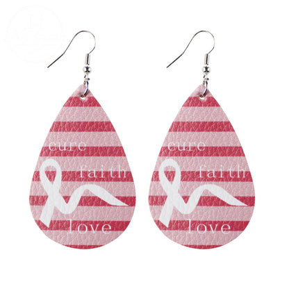 Pink Ribbon Artificial Leather Water Droplet Earrings